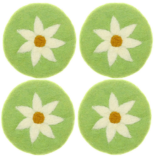 Vilten Onderzetters - Set 4 stuks - Groen met Witte Margriet - 10 cm - Fairtrade