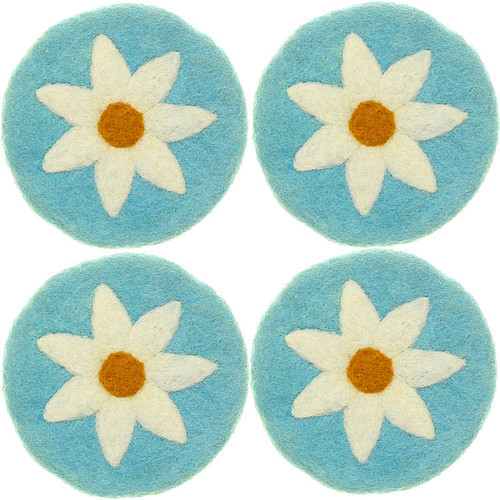 Vilten Onderzetters - Set 4 stuks - Turquoise met Witte Margriet - 10 cm - Fairtrade