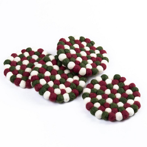 Onderzetters - Vilt 10 cm Rond - Rood/Groen/Wit - Set 4st - Fairtrade