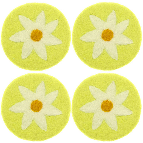 Vilten Onderzetters - Set 4 stuks - Groengeel met Witte Margriet - 10 cm - Fairtrade