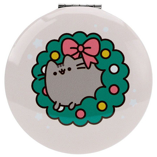 Make-up Spiegeltje - Pusheen the Cat - Kerstmis Kerstkrans - Roze/Groen - Compact met Klepje - 6,5x6,5x1cm