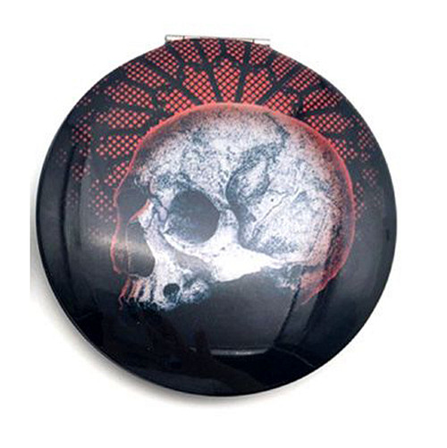 Spiegeltje Make-Up Compact Klep - Gothica Skull Nocturne Rood Zijde - 6.5x6.5x1cm