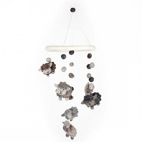 Mobiel grijze schaapjes met bolletjes vilt - Sjaal met Verhaal