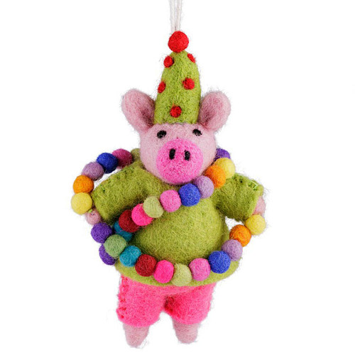 Hanger Wolvilt - Feestvarken Groen met Slinger & Feestmuts - Homedeco - Handmade&Fairmade - 15x8cm