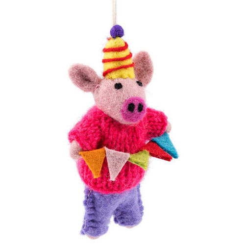 Hanger Wolvilt - Feestvarken Roze met Slinger & Feestmuts - Homedeco - Handmade&Fairmade - 15x8cm