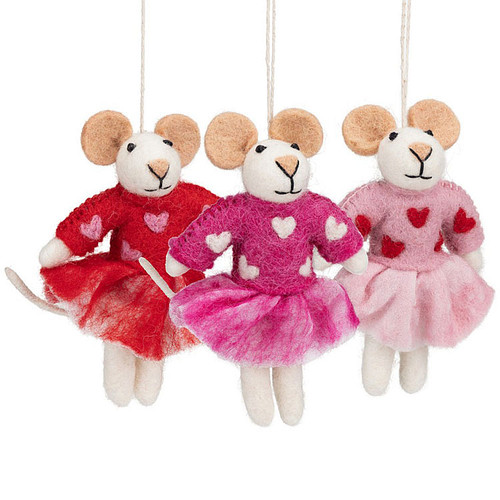 Hangers Wolvilt - Muizen Sweetheart - Rood/Fuchsia/Roze - Set 3 Stuks - Handmade&Fairmade - 12x8cm