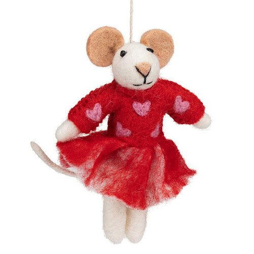 Hangers Wolvilt - Muis Sweetheart - Rood&Hartjes Trui - Handmade&Fairmade - 12x8cm