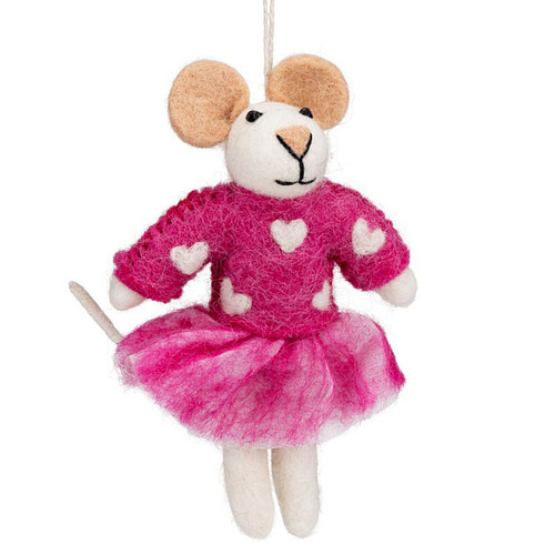 Hangers Wolvilt - Muis Sweetheart - Fuchsia&Hartjes Trui- Handmade&Fairmade - 12x8cm