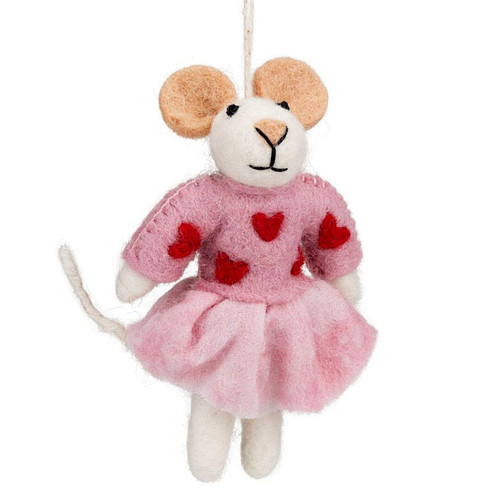 Hangers Wolvilt - Muis Sweetheart - Roze&Hartjes Trui - Handmade&Fairmade - 12x8cm