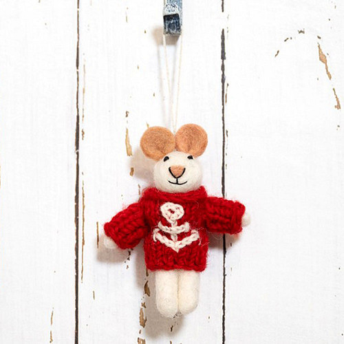 Hanger Wolvilt - Muis Nautisch Schipper - Rode Schipperstrui - Handmade&Fairmade - Homedeco - 11x8cm