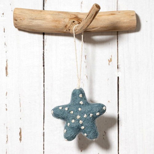 Hanger Wolvilt - Sealife - Zeester Blauw/Wit - Handmade&Fairmade - Homedeco - 6x6cm