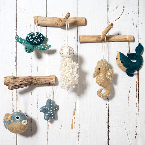 Hangers Wolvilt - Sealife - Vis/Schildpad/Zeepaard/Kwal/Walvis/Zeester - Set 6 Stuks - Handmade&Fairmade - Homedeco - 6x6cm