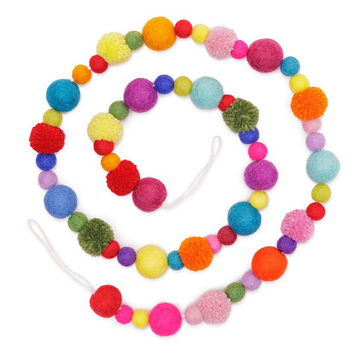 Viltslinger Wolvilt - Pompoms & Bolletjes Multicolor - Handmade&Fairtrade - Homedeco - 120cm