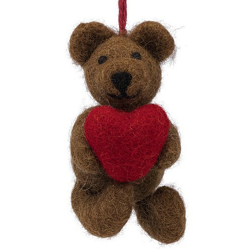 Wolvilt Hanger Teddybeertje met Rood Hartje - Fairtrade Homedeco - 9x5x5cm