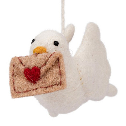 Wolvilt Hanger Duif met Liefdesbrief - Fairtrade Homedeco Vogel - 11x5x11cm