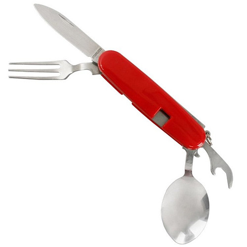 Opvouwbare bestekset, lepel, vork, mes en flesopener