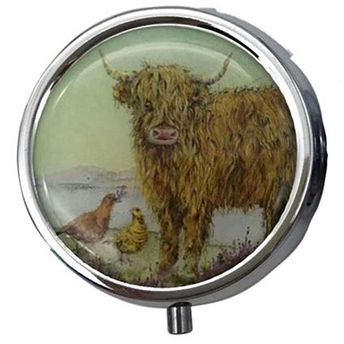 Pillendoosje Highland Koe met Vogels - 1,5x5x5cm (LxBxD)