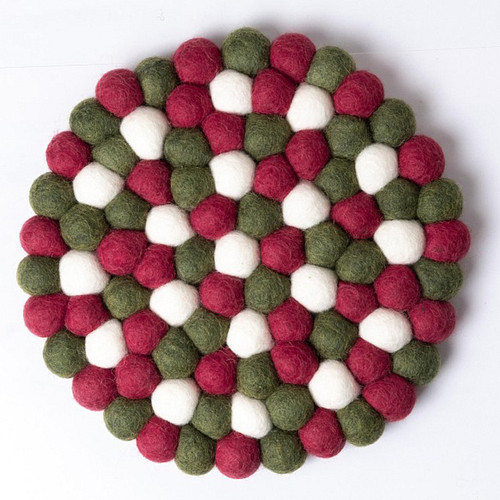Onderzetter Vilt - Rood/Groen/Wit - 20 cm Rond - Balletjes - Fairtrade 