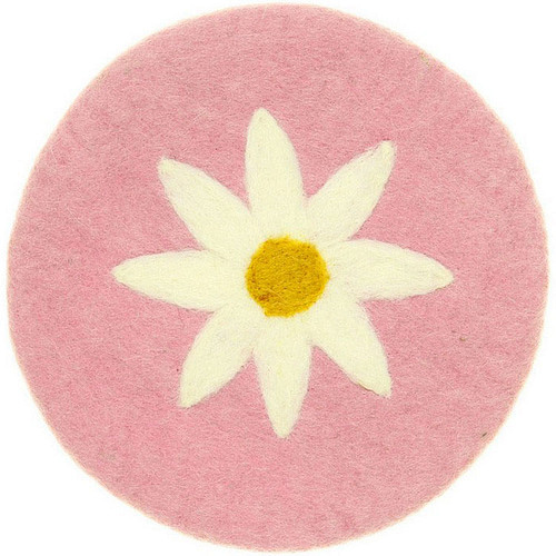 Vilten Onderzetter Rond- Roze met Witte Margriet - 20 cm - Fairtrade Homedeco