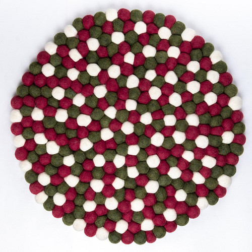 Onderzetter Vilt - Rood/Groen/Wit - 40 cm Rond - Balletjes - Fairtrade 