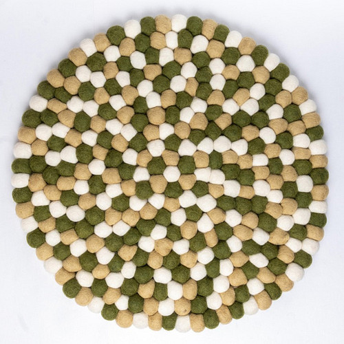 Onderzetter Vilt - Beige/Groen/Wit - 40 cm Rond - Balletjes - Fairtrade