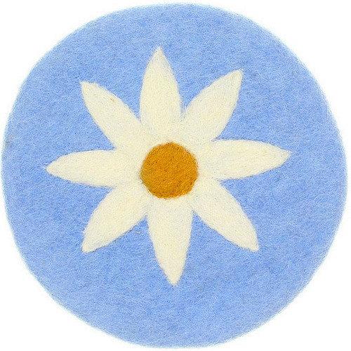 Vilten Onderzetter Rond - Blauw met Witte Margriet - 20 cm - Fairtrade Homedeco
