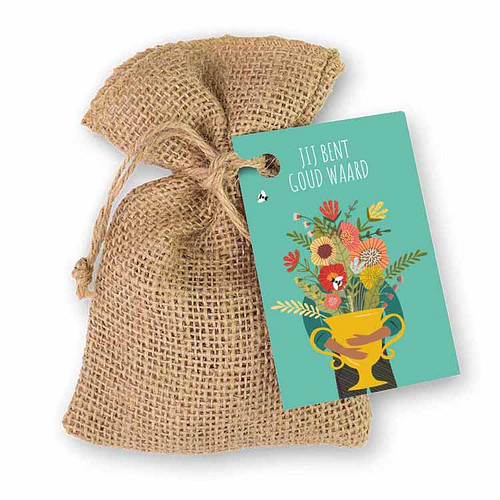 Blossombs Giftzakje Jute - Jij bent goud waard - 8x Bloemzaadbommetjes - 100% Biologisch