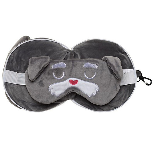 Reiskussen & Slaapmasker Hondje Rond - Grijs - Hoogte 15.5cm Breedte 15cm Diepte 9cm Open 15.5x29x6cm