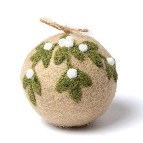 Kerstbal Vilt - Mistletoe Trosje Large - Beige/Groen/Wit - 8cm - Rond - Fairtrade