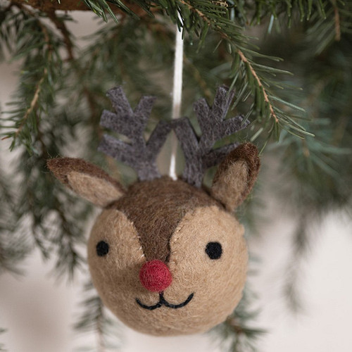 Kerstbal Vilt - Rudolf Rendier / Winterdieren - 8cm - Rond - Fairtrade