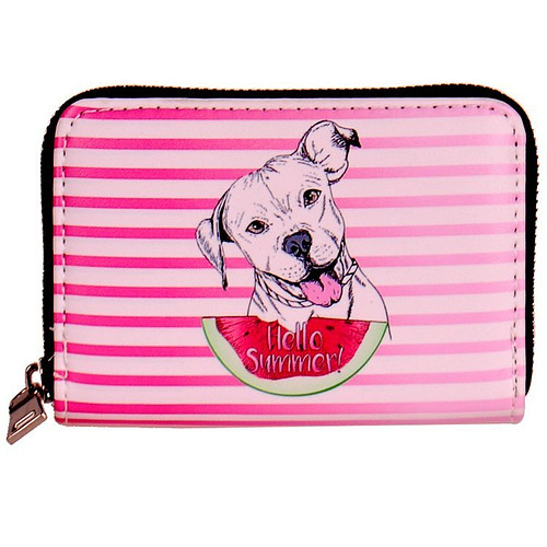 Portemonnee met getekende hond - roze/wit gestreept - 13x9cm