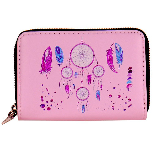 Portemonnee lichtroze met gekleurde veren - 13x9cm