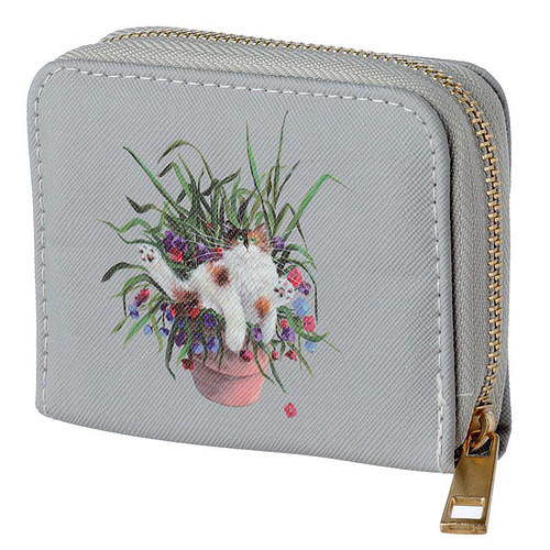 Portemonnee Kim Haskins Kat in Plantpot Rondrits klein - Grijs - 8,5x11x2cm (LxBxD)