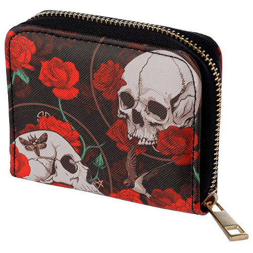 Portemonnee Twee Schedels & Rozen Rondrits klein - Zwart - 8,5x11x2cm (LxBxD)