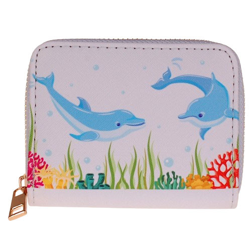 Portemonnee Wit - Dolfijnen Zwemmend Onderwater Zeebodem Getekend - Rits - 11x9cm