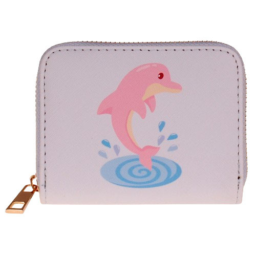 Portemonnee Wit - Dolfijn Roze Springend Splash - Rits - 11x9cm