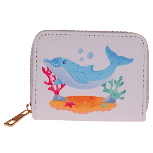 Portemonnee Wit - Dolfijn Zwemmend Zeebodem Getekend - Rits - 11x9cm