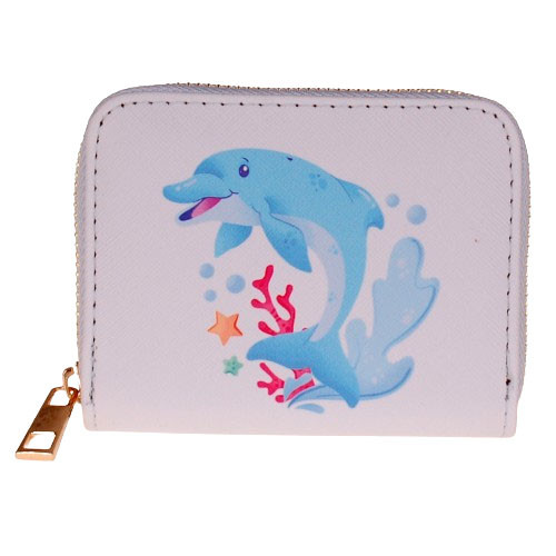 Portemonnee Wit - Dolfijn Splash Onderwater Koraal & Zeesterren Getekend - Rits - 11x9cm