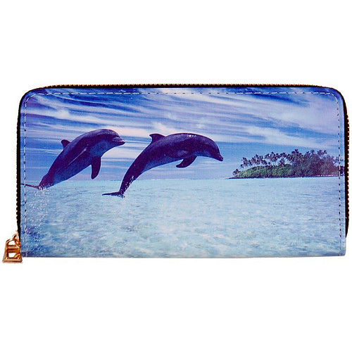 Portemonnee met 2 dolfijnen bij tropisch eiland - 19,5x10cm