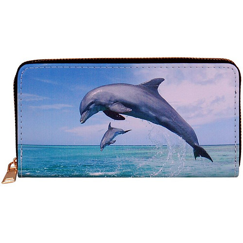 Portemonnee met 2 dolfijnen die uit water springen - 19,5x10cm