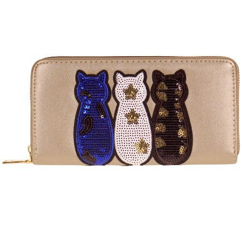 Portemonnee goud met drie gekleurde poesjes en pailletjes - 20x11 cm