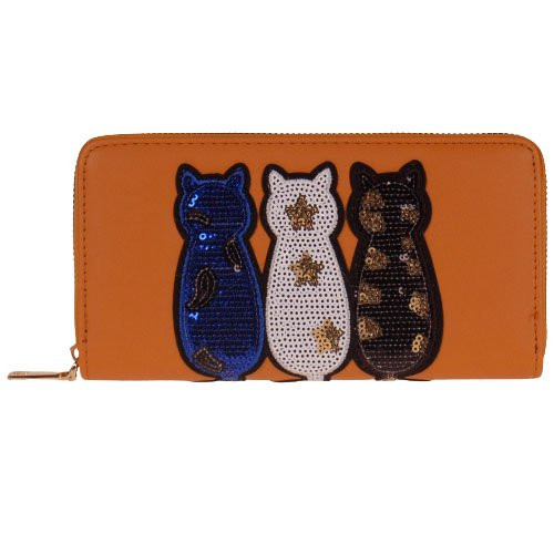 Portemonnee mosterdgeel met drie gekleurde poesjes en pailletjes - 20x11 cm