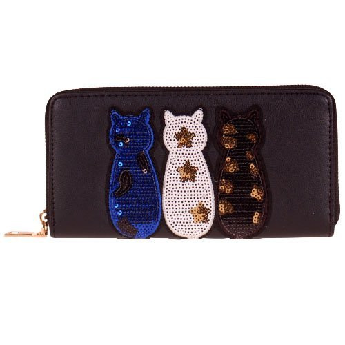 Portemonnee zwart met drie gekleurde poesjes en pailletjes - 20x11 cm