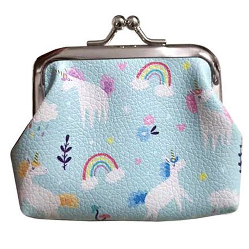 Knip Portemonnee Eenhoorn Magic Lichtblauw met Regenboog en Bloemen - Zilverkleurige Knipbeugel - 8x9x1,5cm