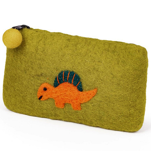 Portemonnee Wolvilt - Dinosaurus Spinosaurus - Groen/Oranje - Rits - Handmade&Fairmade - 20x12cm
