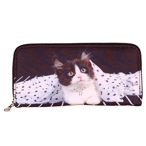 Portemonnee groot poesje zwart/wit