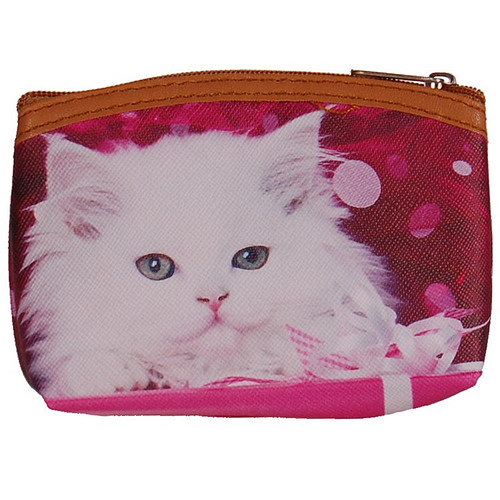 Kleine portemonnee met witte langharige kat op roze achtergrond - 11x9cm