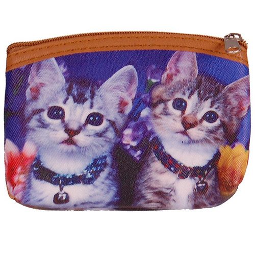 Kleine portemonnee met 2 kittens met bandje met belletje - 11x9cm