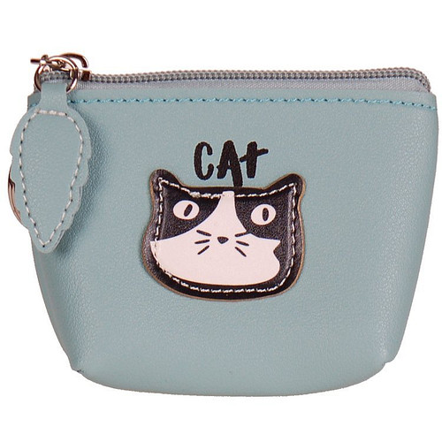 Portemonneetje rits met Poezenhoofd/Cat Blauw/Groen - 11x8cm
