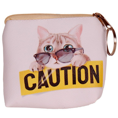 Portemonneetje rits wit met poesje met bril "caution" - 8x9cm
